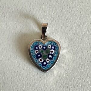Millefiori Glass Heart Set in a Sterling Silver Frame Pendant